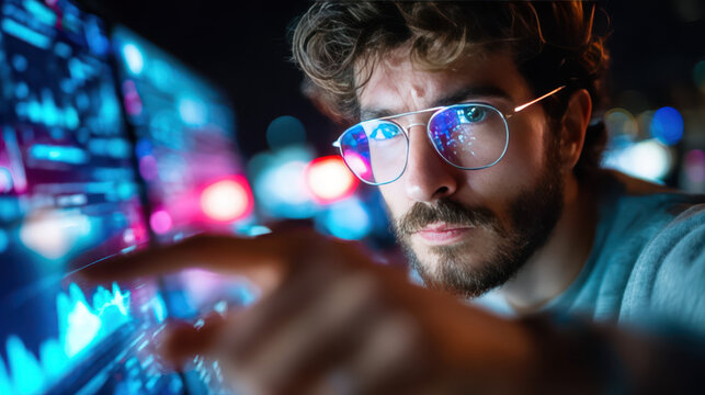 Cybersecurity professional analyzing intrusion alert on siem screen with focused expression in high-tech environment