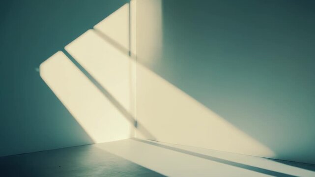 Empty minimalist room corner bathed in warm sunlight, vivid painted wall meeting clean floor in sharp geometric contrast, serene atmosphere of calm and new beginnings