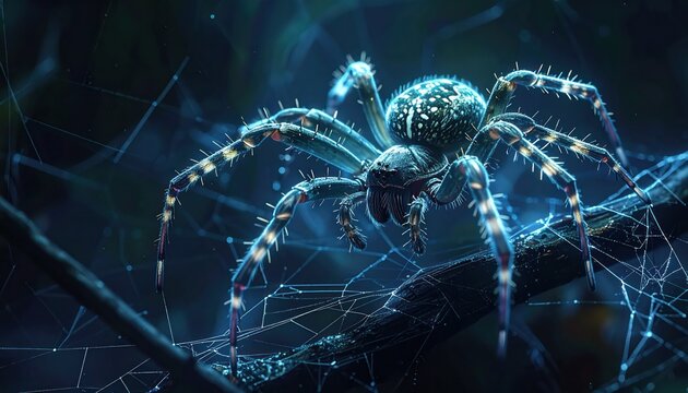 Glowing Spider in Dark Web Closeup.