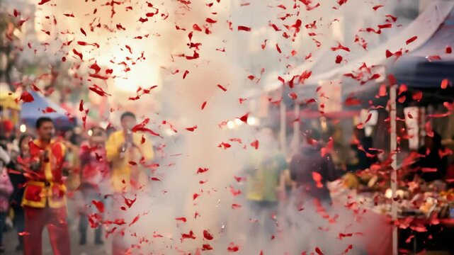 Crowd igniting fireworks and scattering confetti during Lunar New Year festival. Joyful Asian people in traditional red attire celebrating Chinese street party with sparks and smoke.