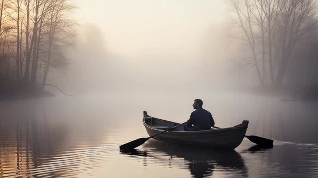 Sequence of a lone adult man rowing a wooden boat on a calm misty lake at sunrise. Atmospheric panoramic view representing a personal journey solitude and quiet contemplation