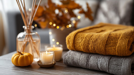Still life details in living room, autumn composition with aroma diffuser pumpkin pie scent, knitted sweaters burning candles, concept of slow life relaxation detention apartment decor, with