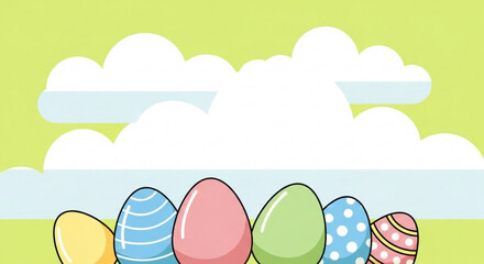 Colorful Easter Eggs on Green Background with Clouds