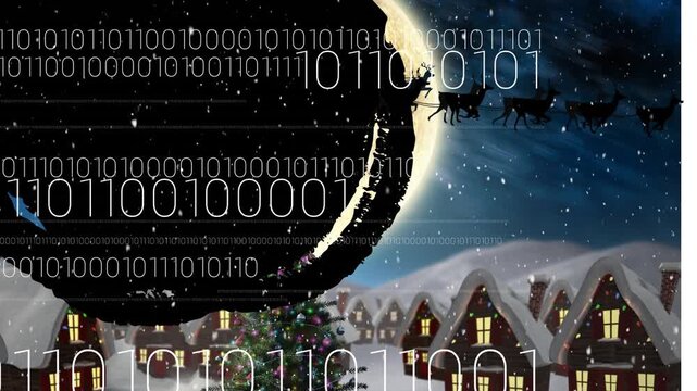 Animation of christmas santa claus in sleigh with reindeer and snow falling and binary coding