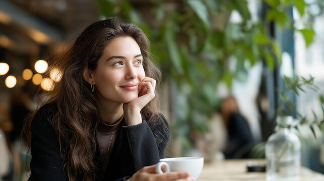 Faceless young Mexican woman chatting with friends and enjoying morning coffee on terrace of modern cafe before working day, morning routine mental health wellness and slow living, defocused
