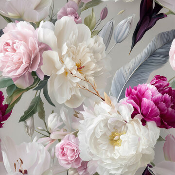 Seamless pattern, Beautiful flower arrangement shows peonies, roses, and tulips on a light background in spring setting