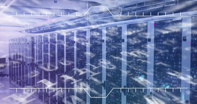 Animation of interface with binary coding and mathematical equations against server room