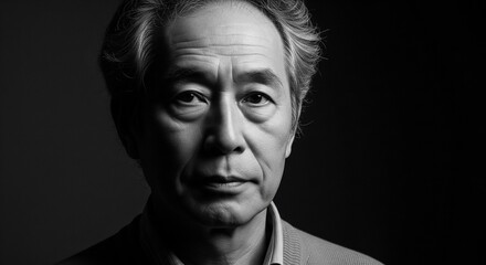 Obraz premium 落ち着いた表情と知的な雰囲気が漂う、緩めパーマが似合う60代日本人男性のモノクロポートレート