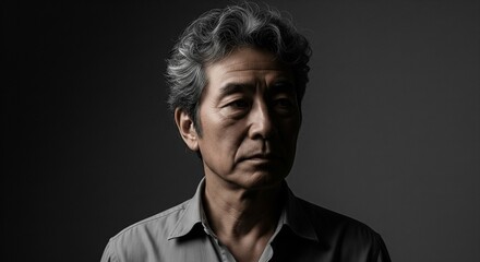 Obraz premium 落ち着いた表情と知的な雰囲気が漂う、緩めパーマが似合う60代日本人男性のモノクロポートレート
