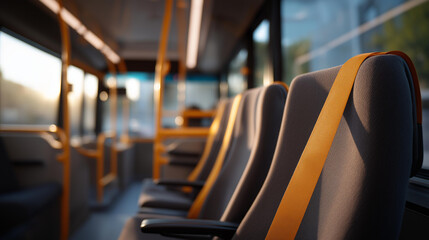 An interior shot of a public bus showing multiple safety belts securely fastened in their seats, promoting safety belt use as an essential part of public transportation for passenger safety.