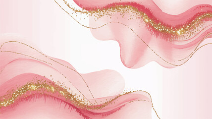 Soft ethereal pink watercolor background with elegant golden glitter splashes and delicate flowing lines, creating a luxurious and artistic texture