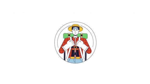Explorer archetype 2D cartoon avatar circle animation. Travel spirit. Free soul. Asian traveler wearing hat and backpack, ready for adventure animated flat person round 4K video isolated on white