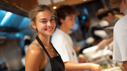 Fototapeta premium A cozy homeless shelter kitchen operates around the clock, offering nutritious meals served by caring volunteers. The inviting atmosphere promotes fellowship and encourages residents to engage with