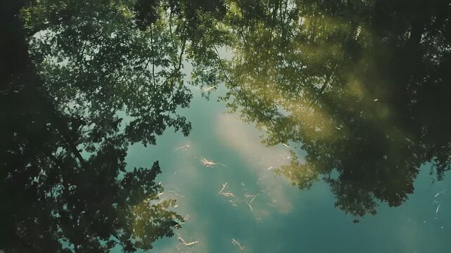 Water surface creating an inverted reflection of green tree foliage and blue sky, with visible sun rays and floating plant debris, conveying tranquility and nature's beauty