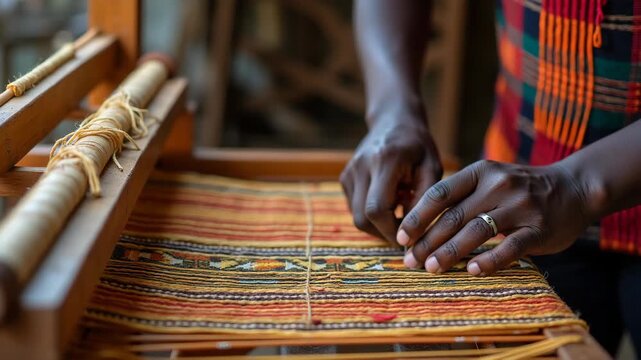 African woman weaving colorful traditional fabric on loom, wearing bright patterned dress and earrings, focused on handcraft work, concept of culture, craft, textiles