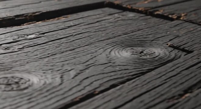 A close-up view of a dark, weathered wooden deck with visible wood grain and knots