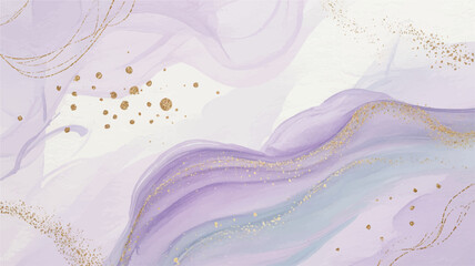 Subtle and artistic watercolor abstract background with flowing purple and blue gradients, speckled with elegant gold accents for a gentle design