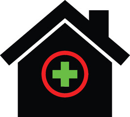 Obraz premium Medical House Icon Featuring Black Home Silhouette with Green Cross and Red Circle for Healthcare and First Aid Concept