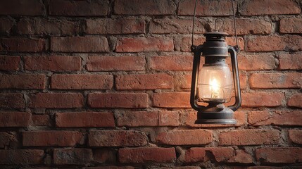 Antique Metal Kerosene Lantern Hanging on Rustic Orange Brick Wall Lit with Warm Light Creates an Old West or Industrial Atmosphere