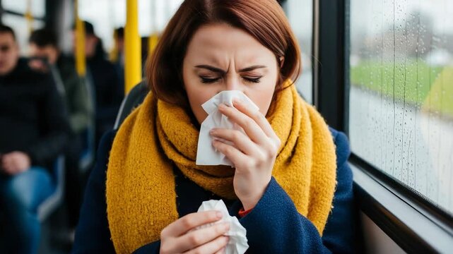 Sick young caucasian woman with a cold blowing her nose in a tissue while commuting on public transport. Unwell female passenger feeling miserable from flu or allergy symptoms