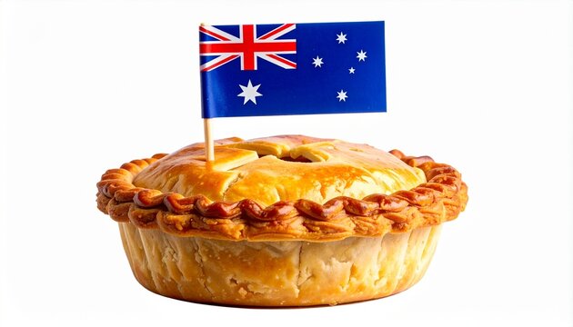 &ldquo;Golden-brown meat pie with flaky crust and small Australian flag on white background&rdquo;