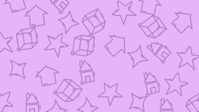 Seamless Pattern of Hand-Drawn Houses, Stars, and Cubes on Purple Background.