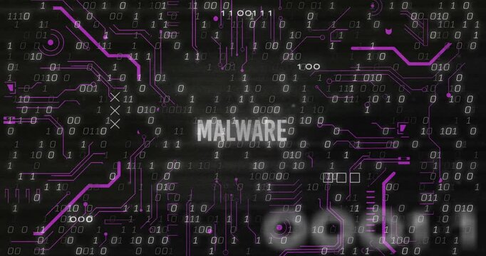 Animation of x symbol on malware text with circuit board pattern against binary codes in background
