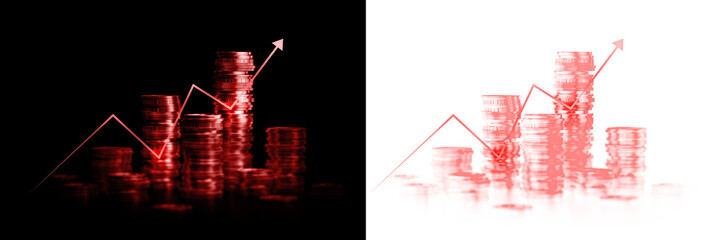 Abstract red money coin stack with graph representing financial crisis inflation debt and business recession isolated png transparent overlay