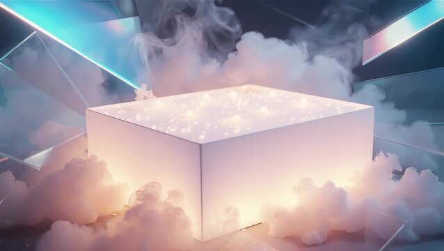 Enigmatic Light Box Surrounded by Clouds and Shimmering Reflections