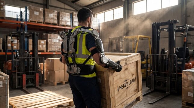 Exoskeleton Lifting: A warehouse worker wearing a sleek, mechanical spine exoskeleton lifting a heavy crate effortlessly, dust motes dancing in the light, industrial cinematic.