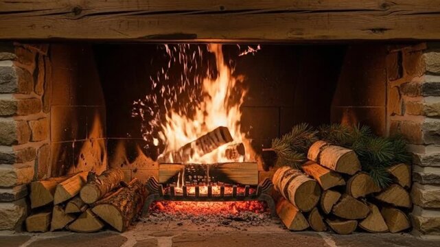 Cozy fireplace with burning logs and decorative pine branches, creating a warm ambiance.
