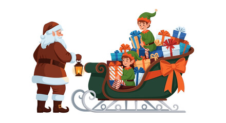 Santa Claus inspecting a sleigh full of gifts with elves during Christmas season illustration