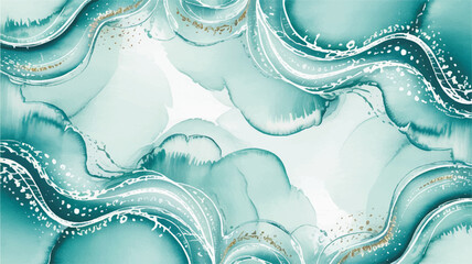Ethereal watercolor background featuring soft teal and shimmering gold waves, an elegant abstract fluid art design for luxurious aesthetics