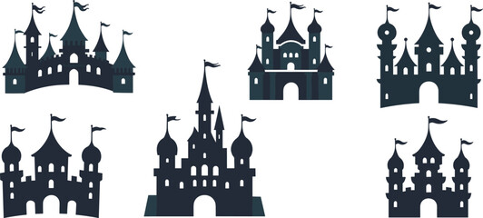 Fantasy castle silhouettes, fairy tale architecture, whimsical towers, medieval turrets, dark fortress skyline, enchanted palace, storytelling backdrop, magical kingdom illustration
