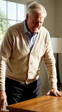 Caucasian elderly man suffering from back pain, leaning on dining table, showing discomfort and agony at home vertical video format