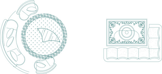 Technical vector illustration of two living room arrangements from a top view, featuring a circular sofa set and an L-shaped sectional couch. © Riki