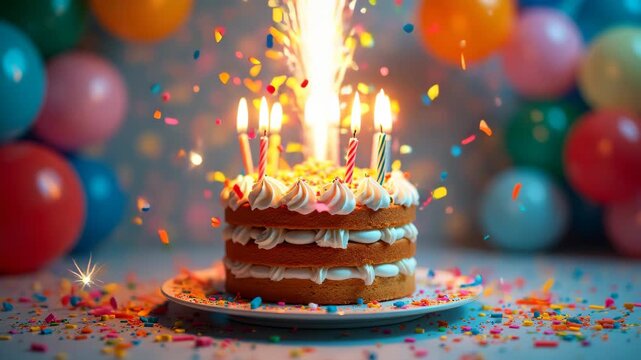 Surreal birthday celebration with layered cake exploding into confetti, frosting swirls becoming colorful ribbons, candles transforming into sparkler light trails, balloons floating upward