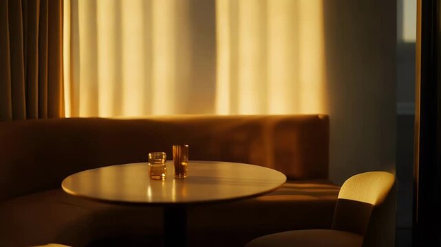Modern cafe interior with a round table and booth seating, featuring two glasses reflecting the warm golden hour light streaming through a window, creating a peaceful and inviting atmosphere