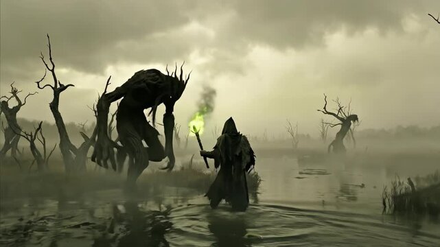Cloaked wizard confronts emerging swamp monster in misty forest. Dark fantasy sequence with green magical flames and twisted barren trees rising from foggy waters.