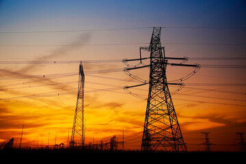 Pylon, high-voltage tower sky background.
