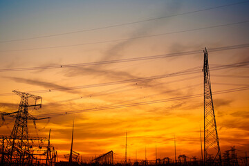 Fototapeta premium Pylon, high-voltage tower sky background.