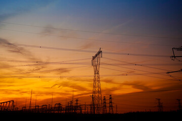 Pylon, high-voltage tower sky background.