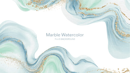 Soft Ethereal Watercolor Background with Flowing Pastel Blue and Green Fluid Marble Texture, Accented with Shimmering Gold Dust