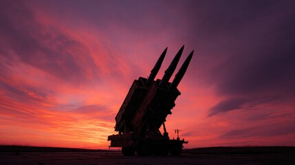 A silhouette of a missile launcher against a vibrant sunset sky, highlighting military technology and the beauty of nature.