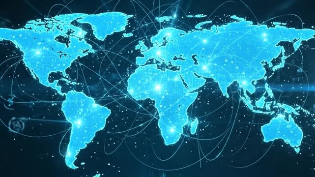 Global network illustration with interconnected lines and glowing nodes, symbolizing connectivity and technology.