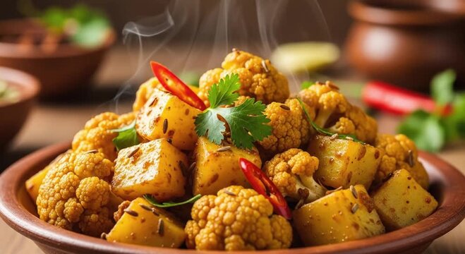 Steaming Cauliflower and Paneer Dish Garnished with Red Chili and Fresh Herbs in a Clay Bowl
