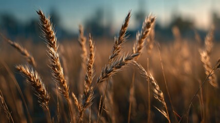 Fototapeta premium A close-up of golden wheat stalks swaying in a field, illuminated by soft sunlight, creating a tranquil and natural atmosphere.