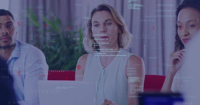 Animation of data processing over diverse business people in office