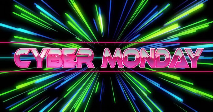 Animation of cyber monday text over neon pattern background
