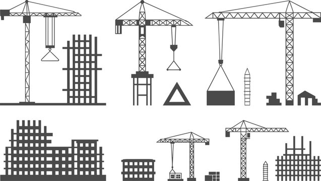 Construction icon set, tower cranes, building silhouettes, scaffolding stages, black vector design, urban development, engineering tools, infrastructure illustration